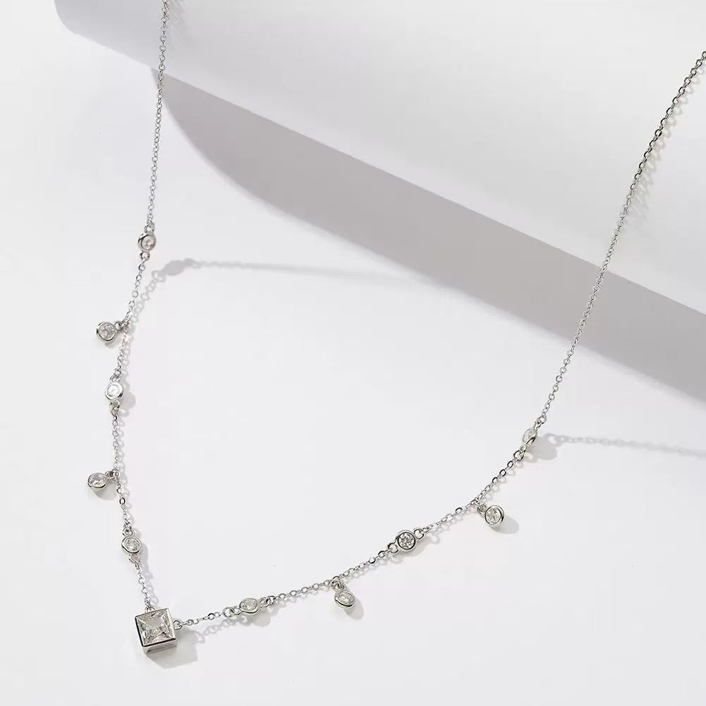 Princess Cut & Round Zircon Station Necklace – Sterling Silver or Gold Vermeil