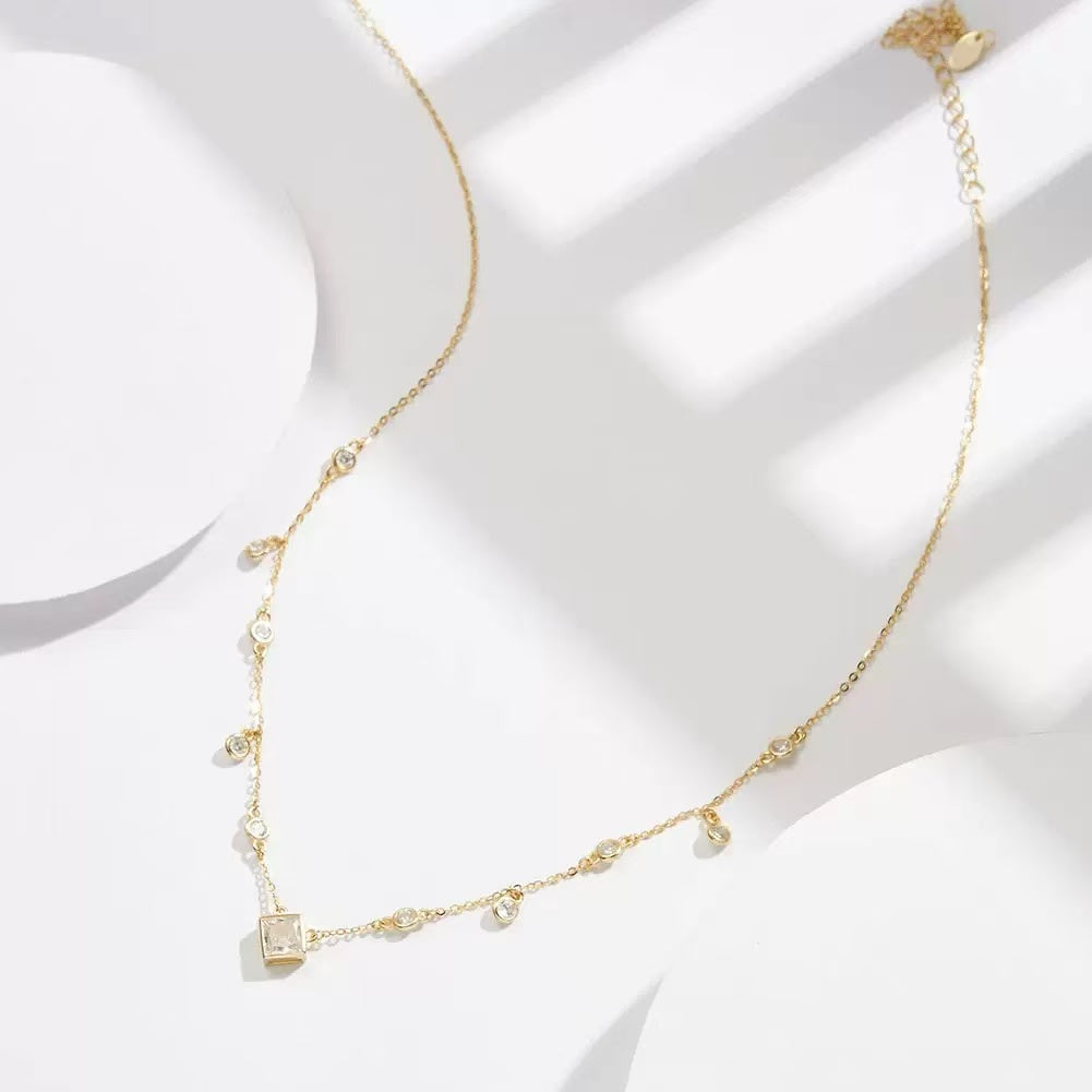 Princess Cut & Round Zircon Station Necklace – Sterling Silver or Gold Vermeil