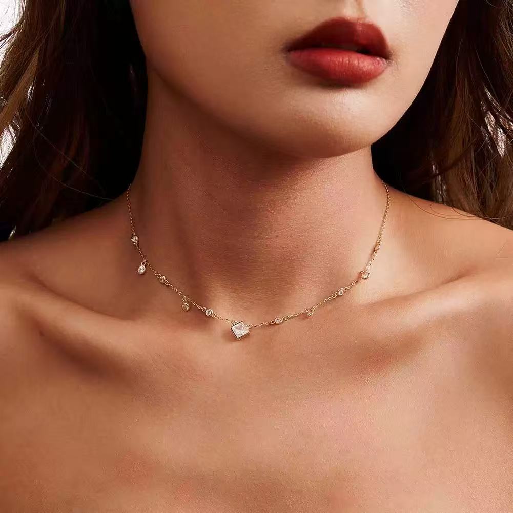 Princess Cut & Round Zircon Station Necklace – Sterling Silver or Gold Vermeil