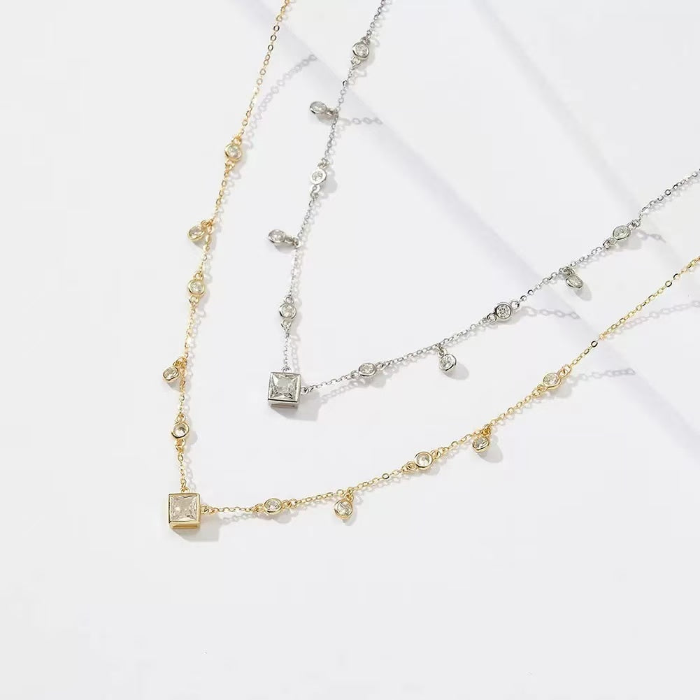 Princess Cut & Round Zircon Station Necklace – Sterling Silver or Gold Vermeil