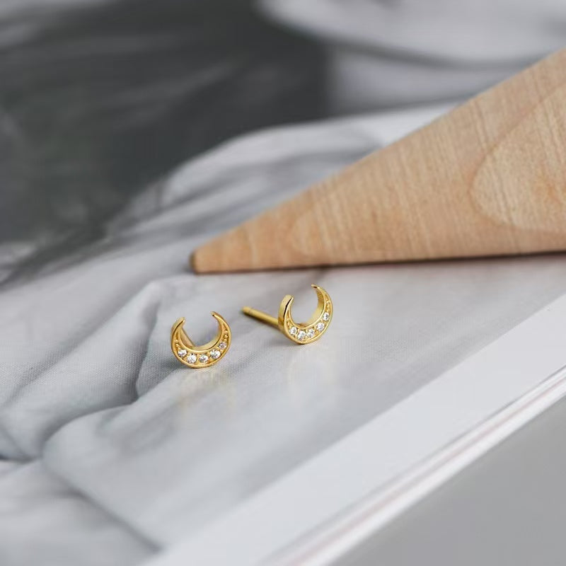 Crescent Moon Stud Earrings – Sterling Silver or Gold Vermeil with Cubic Zirconia