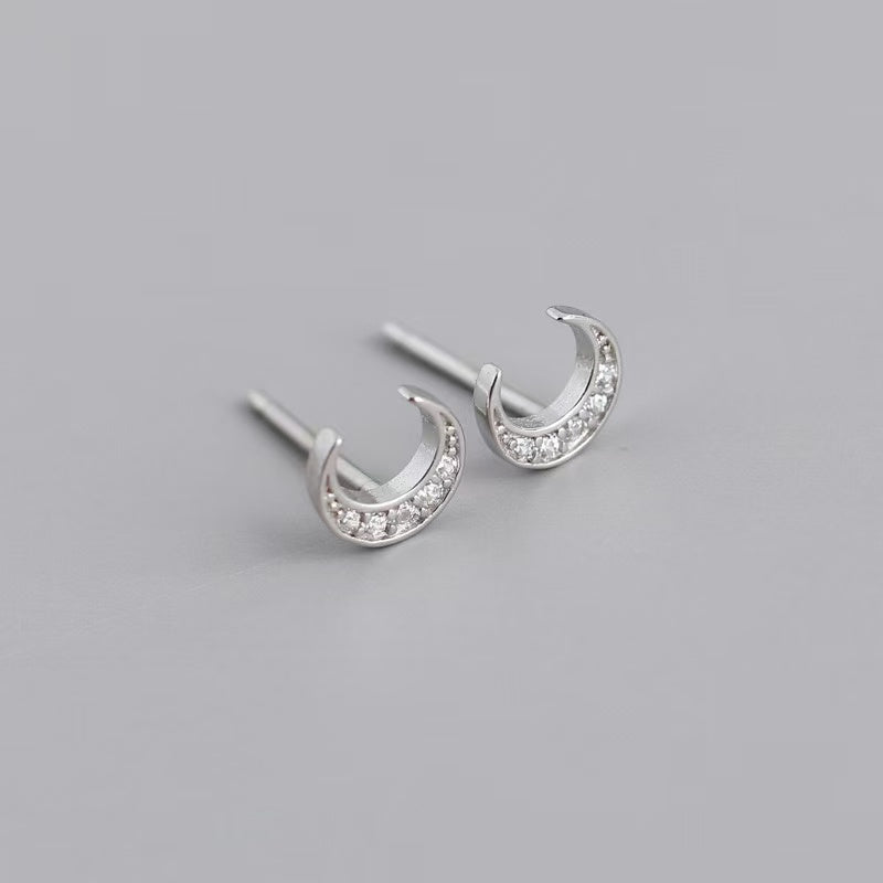 Crescent Moon Stud Earrings – Sterling Silver or Gold Vermeil with Cubic Zirconia