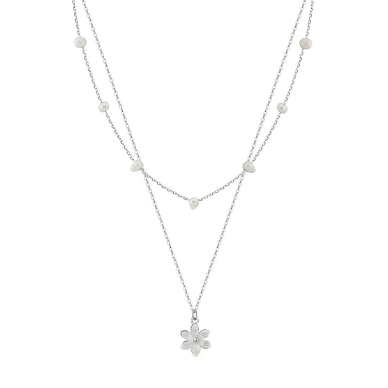 Petite Bloom – Pearl Double Chain & Daisy Pendant Necklace