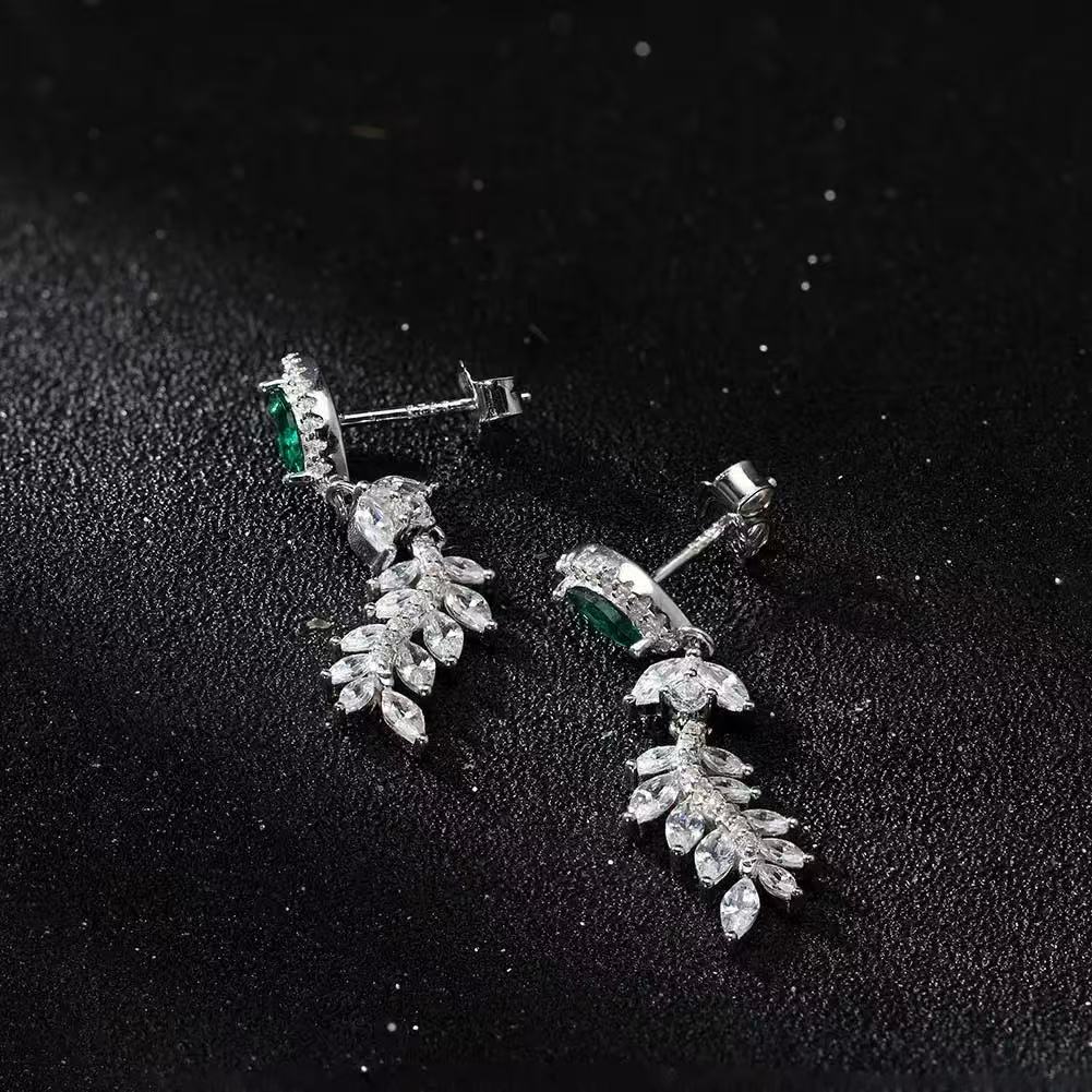 Emerald Bloom – Sterling Silver, Green CZ & Leaf Drop Bridal Earrings