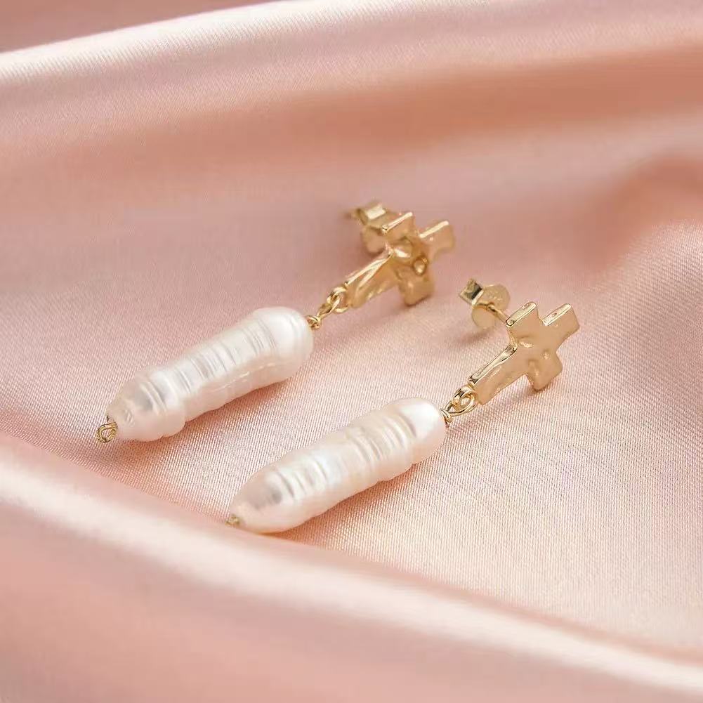 Cross Pearl Drop Earrings – Sterling Silver or Gold Plated