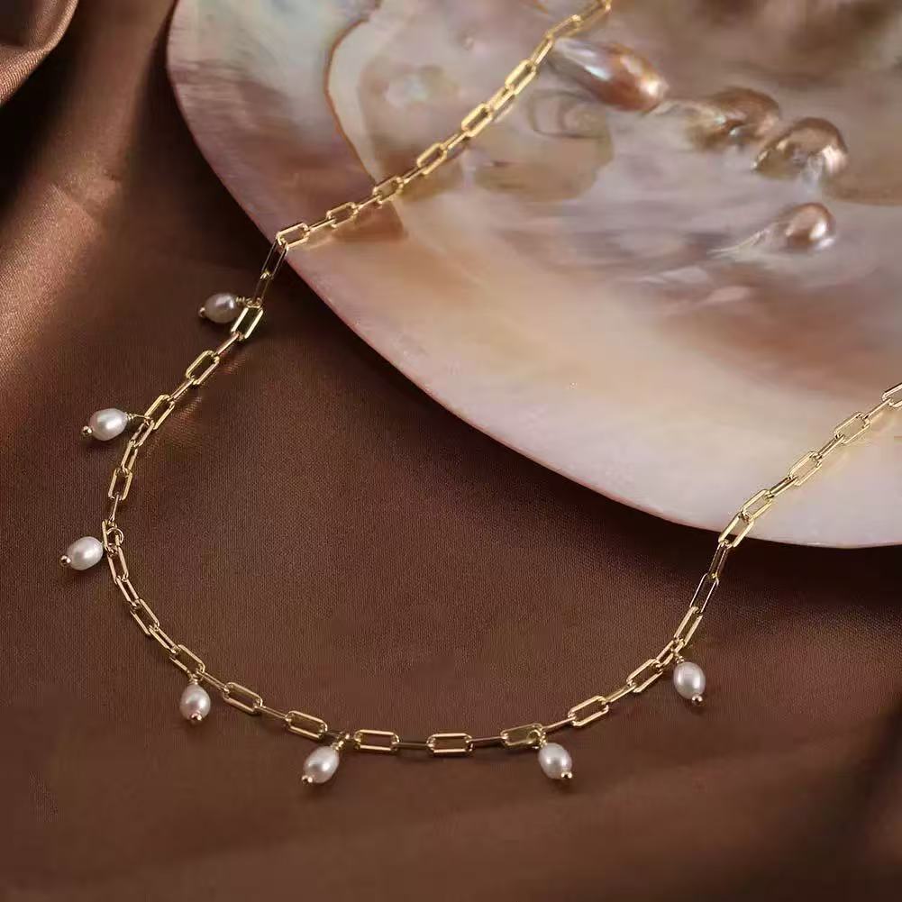 Pearl Chain Link Necklace – Sterling Silver or Gold Plated