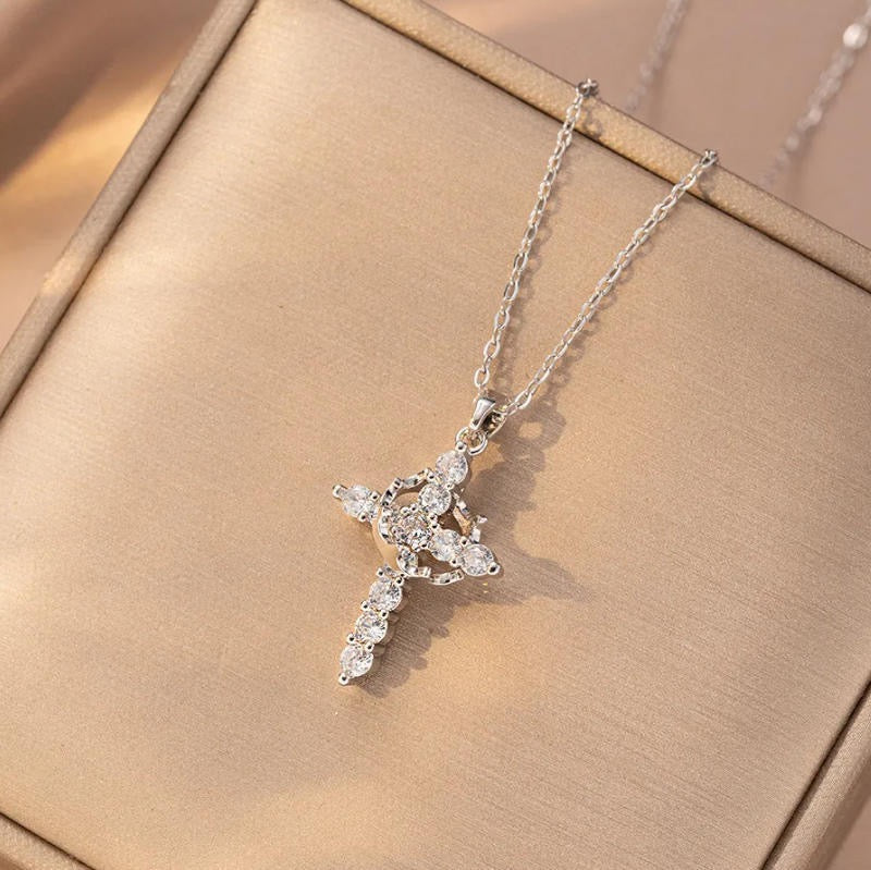 Halo Cross Pendant Necklace – 925 Sterling Silver, Gold Plated