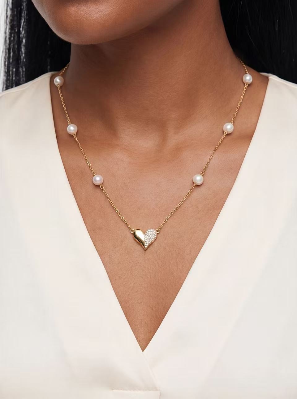 Sweet Radiance – Pearl & CZ Heart Pendant Necklace