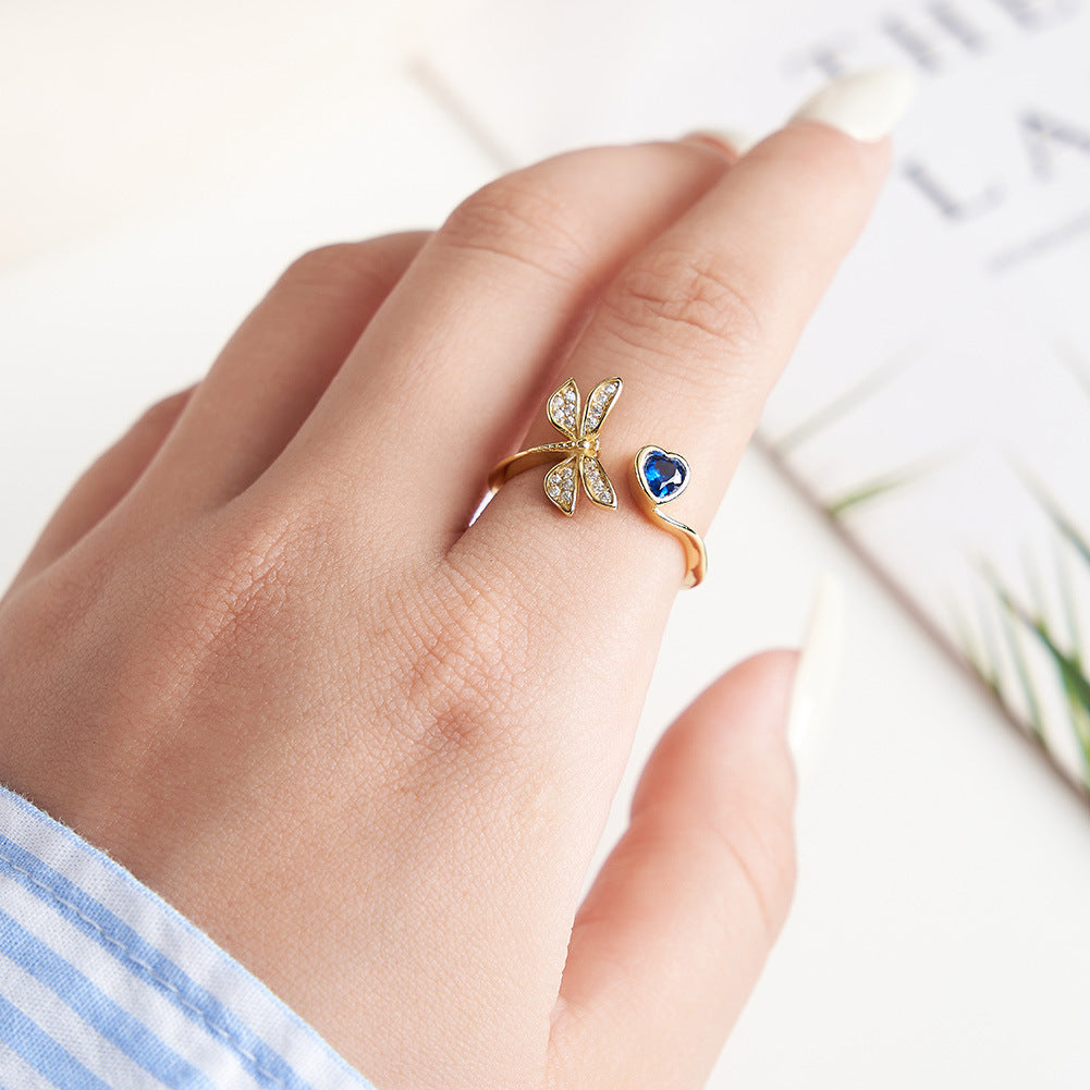 Celestial Dragonfly – Blue Heart & CZ Vermeil Ring