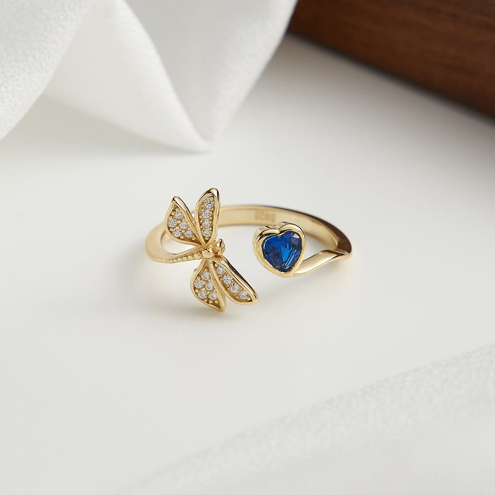 Celestial Dragonfly – Blue Heart & CZ Vermeil Ring