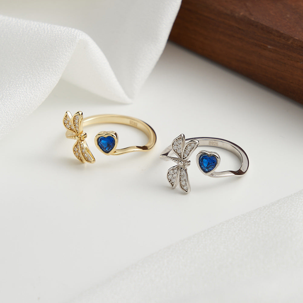 Celestial Dragonfly – Blue Heart & CZ Vermeil Ring