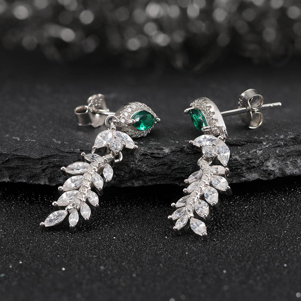 Emerald Bloom – Sterling Silver, Green CZ & Leaf Drop Bridal Earrings