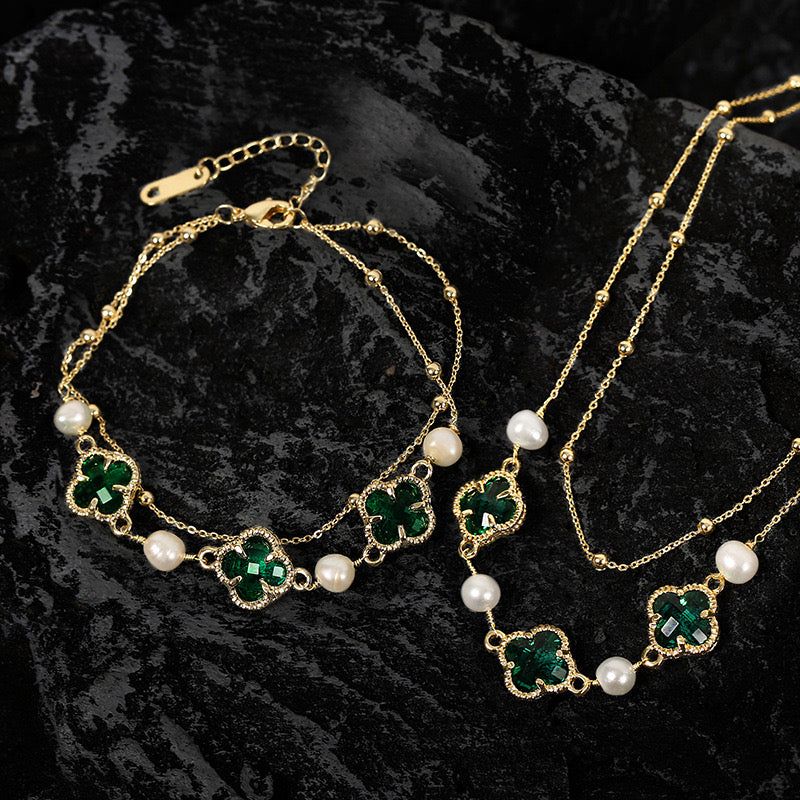 2 PIECE SET-BRACELET & NECKLACE PEARL GREEN