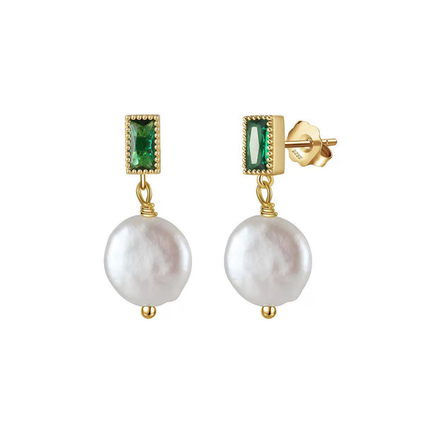 Verdant Halo – Freshwater Coin Pearl & CZ Vermeil Drop Earrings
