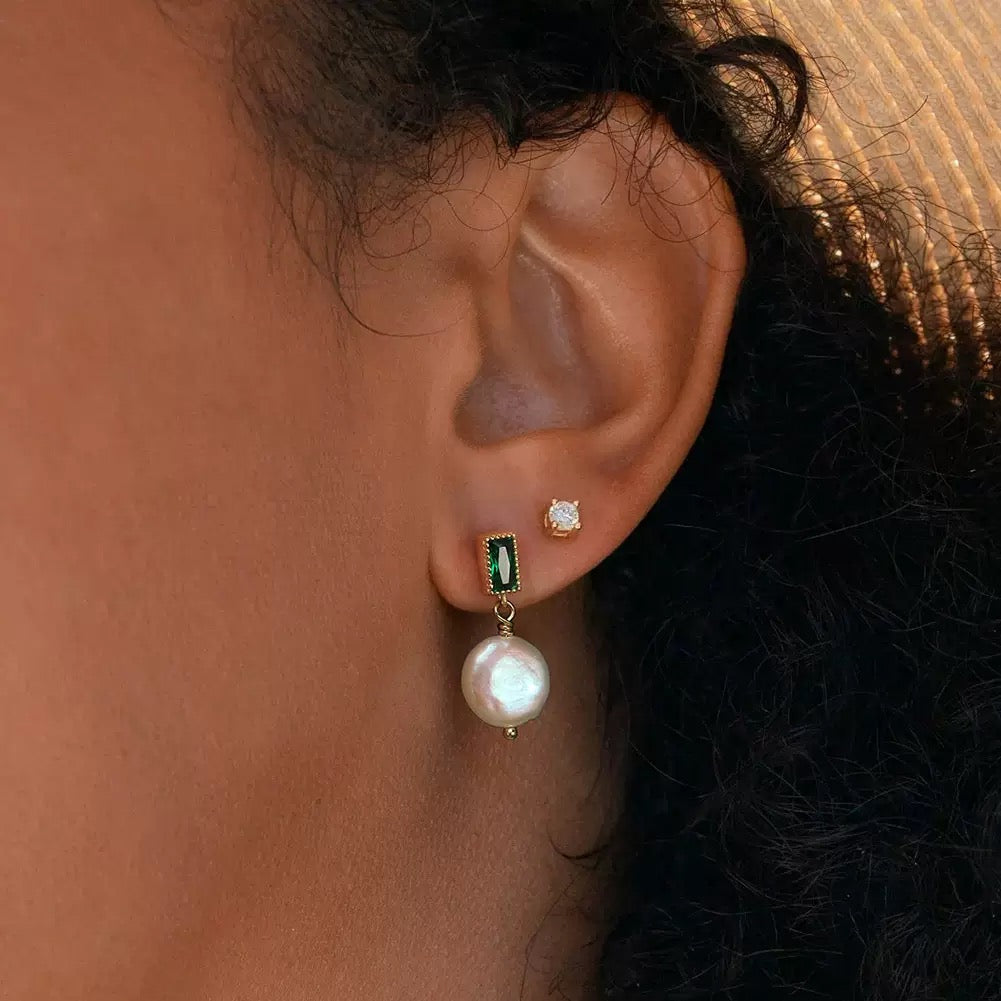 Verdant Halo – Freshwater Coin Pearl & CZ Vermeil Drop Earrings