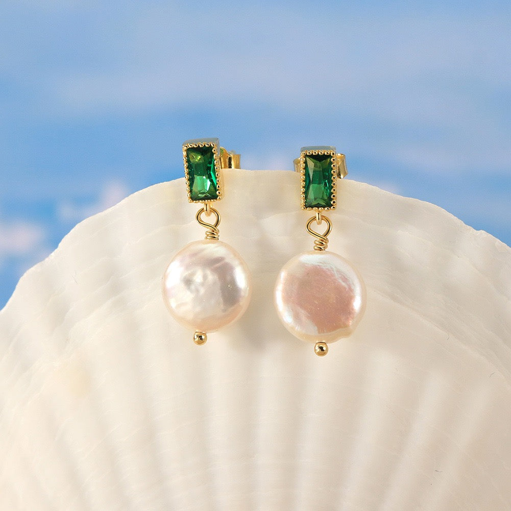 Verdant Halo – Freshwater Coin Pearl & CZ Vermeil Drop Earrings