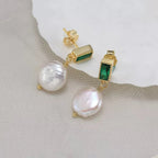 Emerald Tone Pearl Drop Earrings, Green Stone Drop Earrings, Dainty Wedding Guest Jewelry