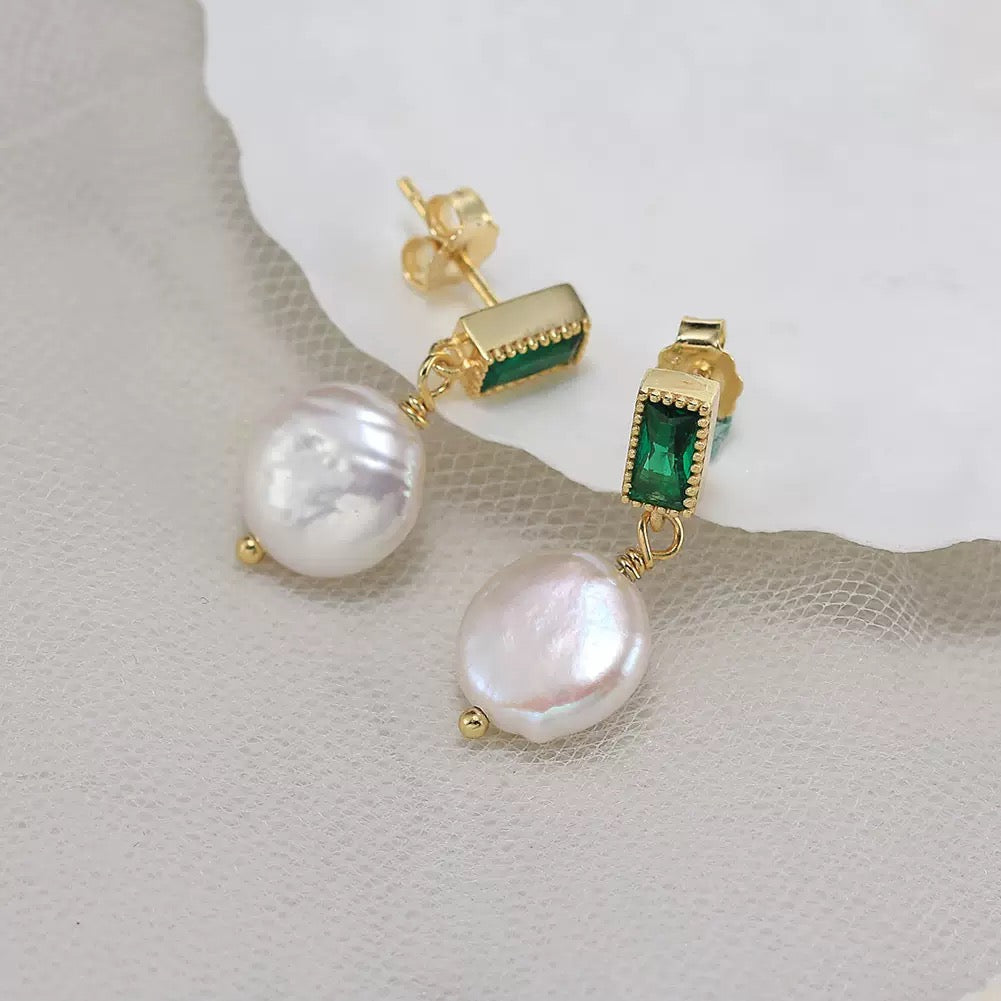 Verdant Halo – Freshwater Coin Pearl & CZ Vermeil Drop Earrings
