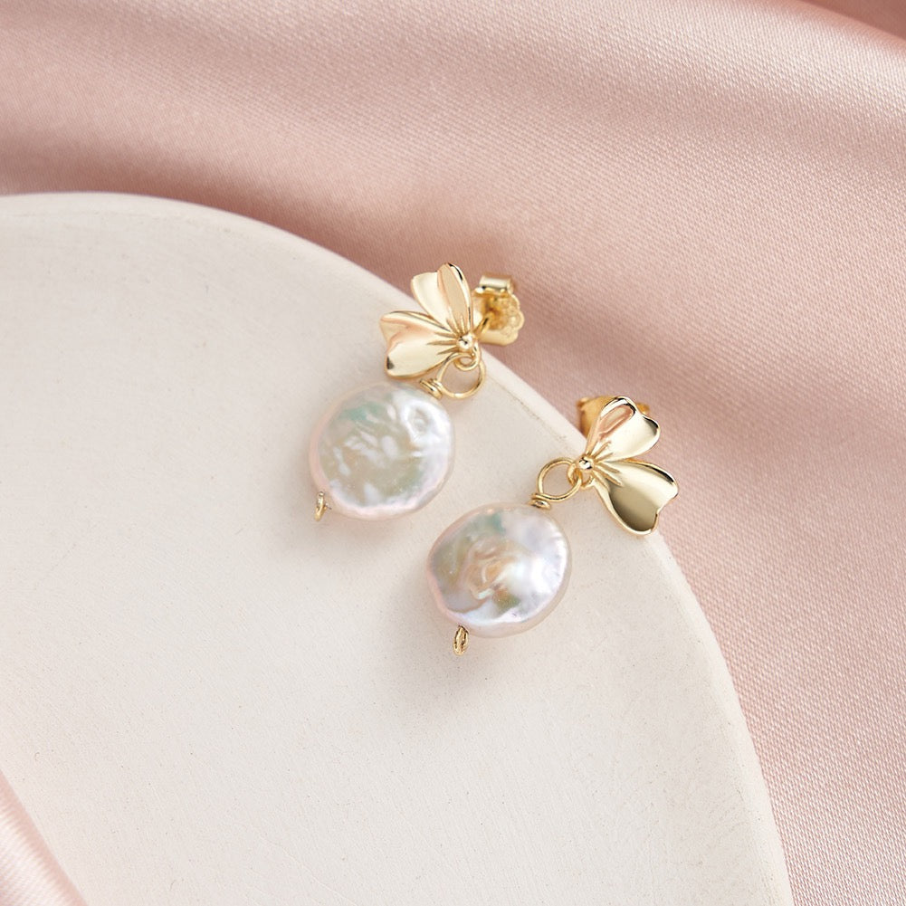 Bloom Drop – Freshwater Coin Pearl & Vermeil Floral Earrings