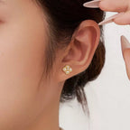 Lucky Clover Pearl Stud Earrings, Four Leaf Clover Earrings, Dainty Everyday Ear Stack Jewelry