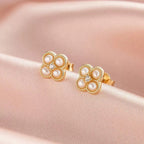 Lucky Clover Pearl Stud Earrings, Four Leaf Clover Earrings, Dainty Everyday Ear Stack Jewelry