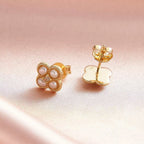 Lucky Clover Pearl Stud Earrings, Four Leaf Clover Earrings, Dainty Everyday Ear Stack Jewelry