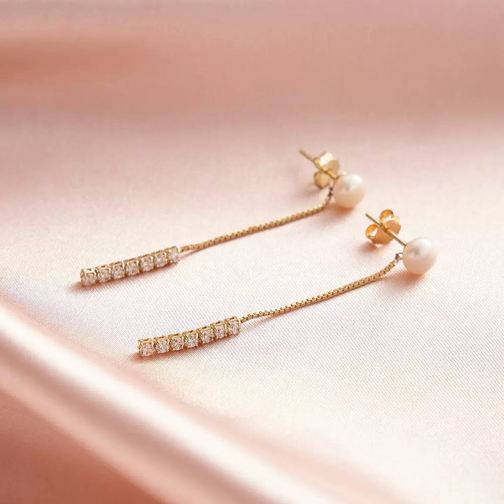 Lunar Line – Freshwater Pearl & CZ Vermeil Drop Earrings