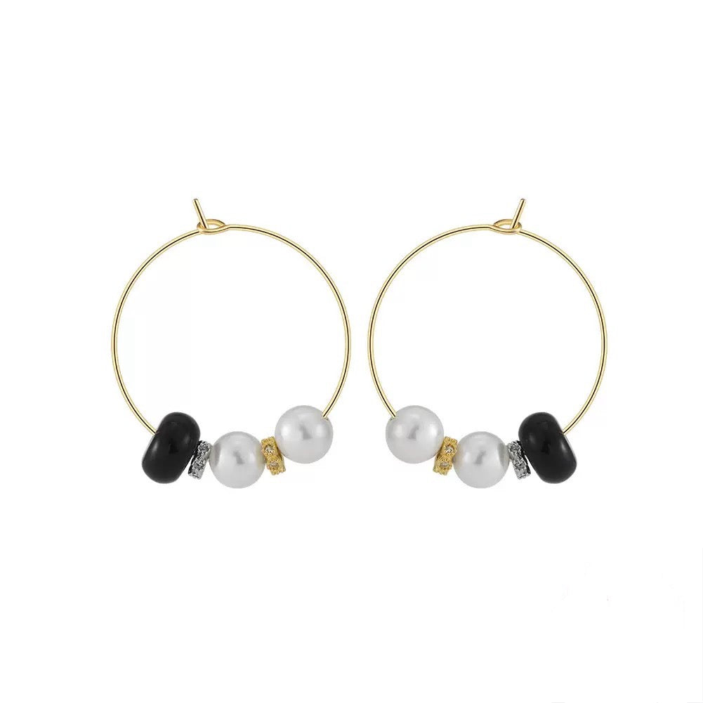 Balance Orbit – Black Onyx & Shell Pearl Vermeil Hoop Earrings | Energy Stone Series