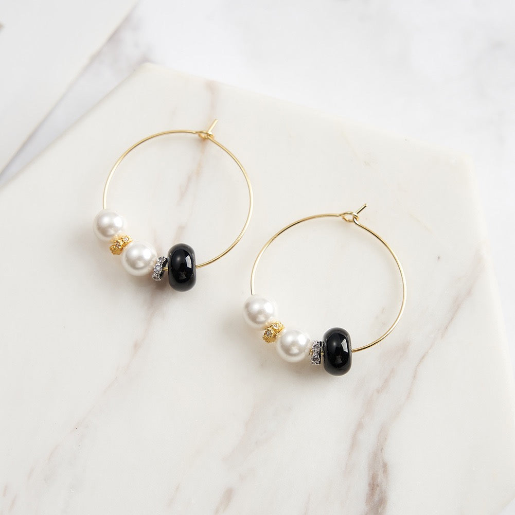 Balance Orbit – Black Onyx & Shell Pearl Vermeil Hoop Earrings | Energy Stone Series