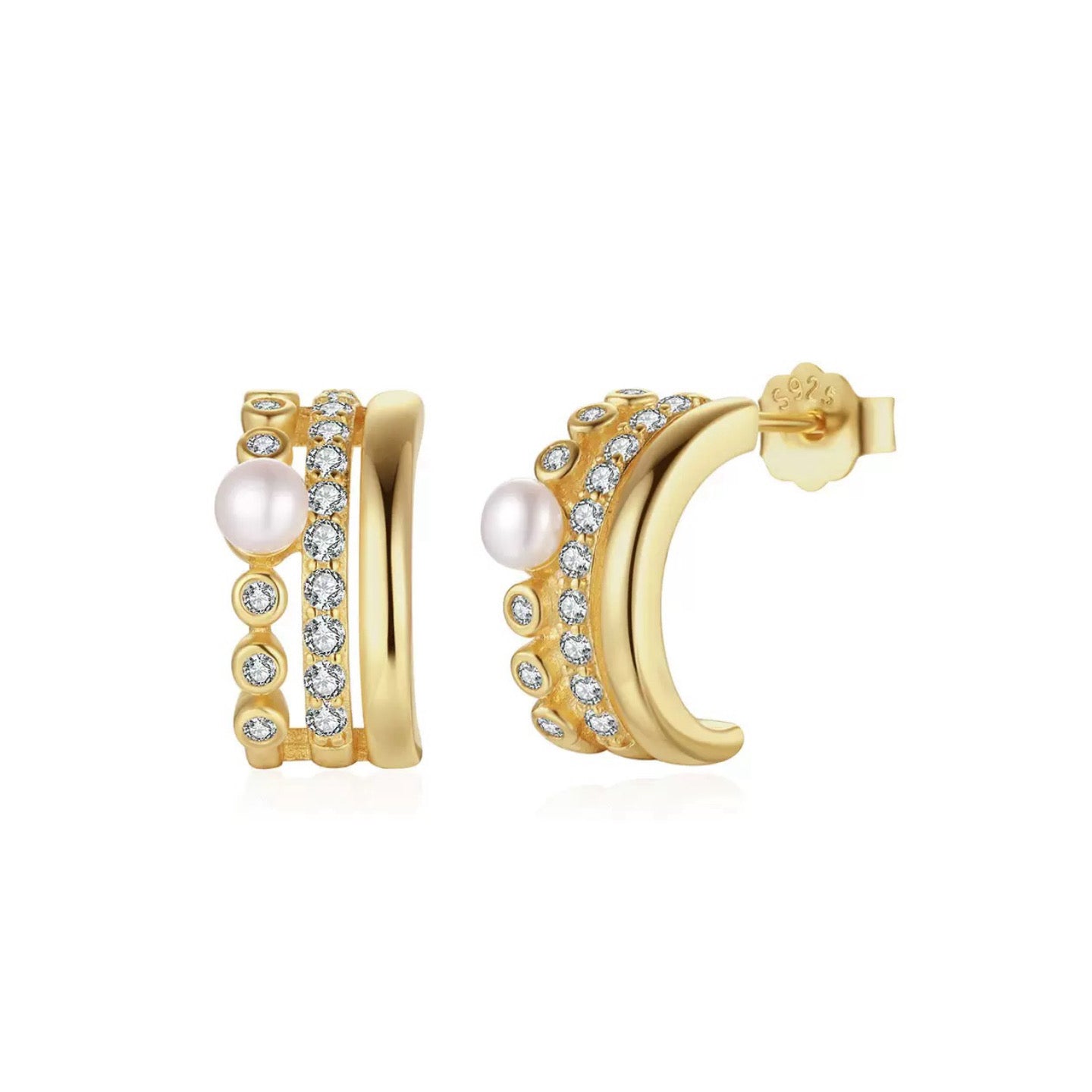 Radiant Curve – Freshwater Pearl & CZ Sterling Hoop Earrings