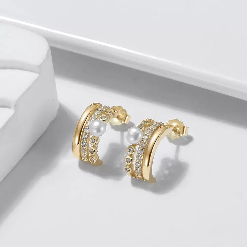 Radiant Curve – Freshwater Pearl & CZ Sterling Hoop Earrings