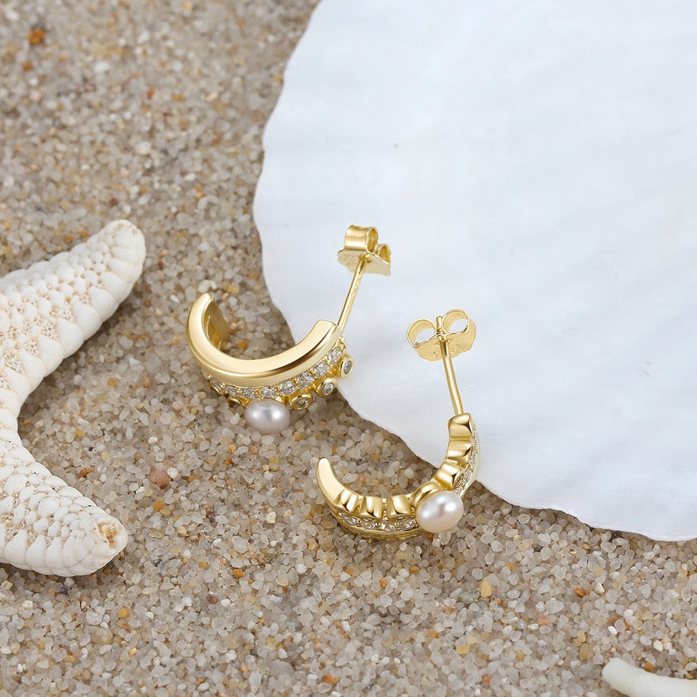 Radiant Curve – Freshwater Pearl & CZ Sterling Hoop Earrings