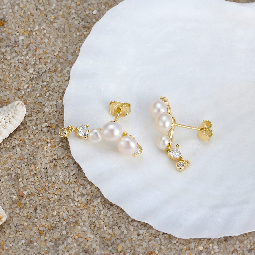 Starlit Drop – Freshwater Pearl & CZ Vermeil Dangle Earrings