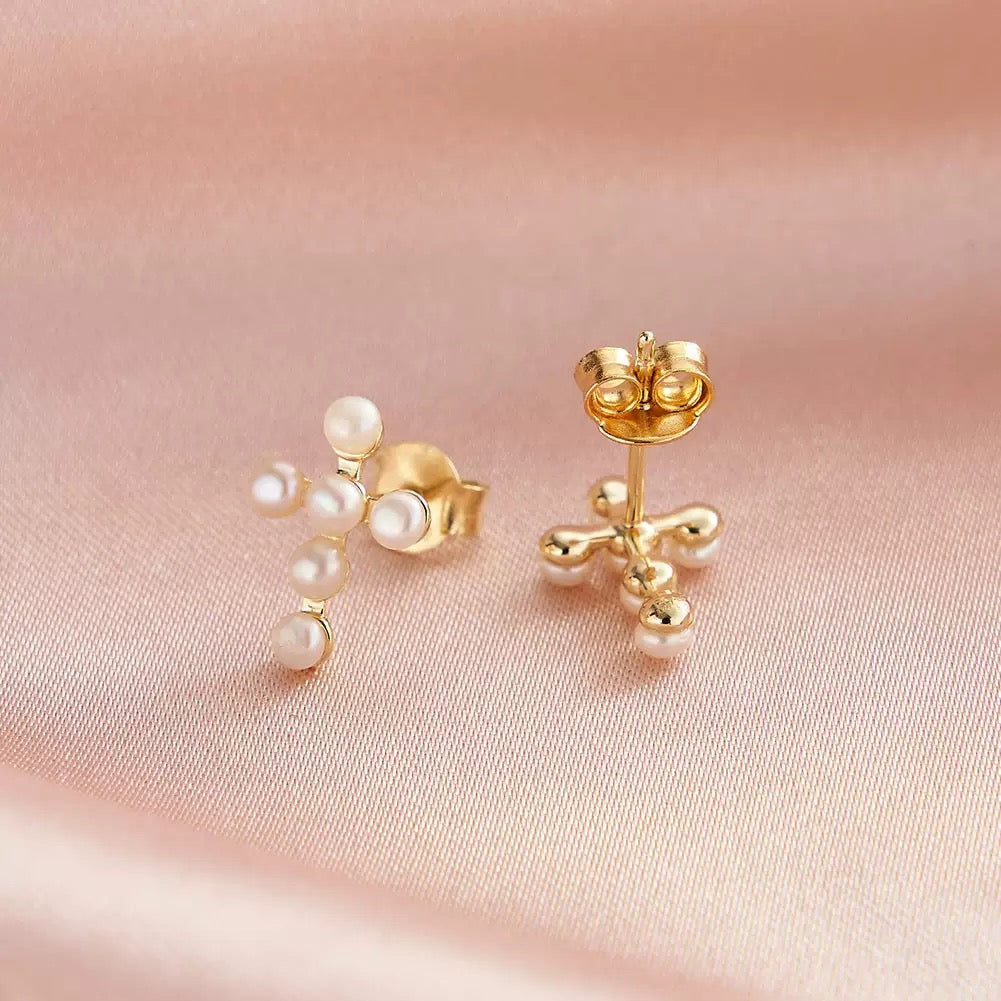Sacred Light –  Freshwater Pearl & Vermeil Cross Stud Earrings
