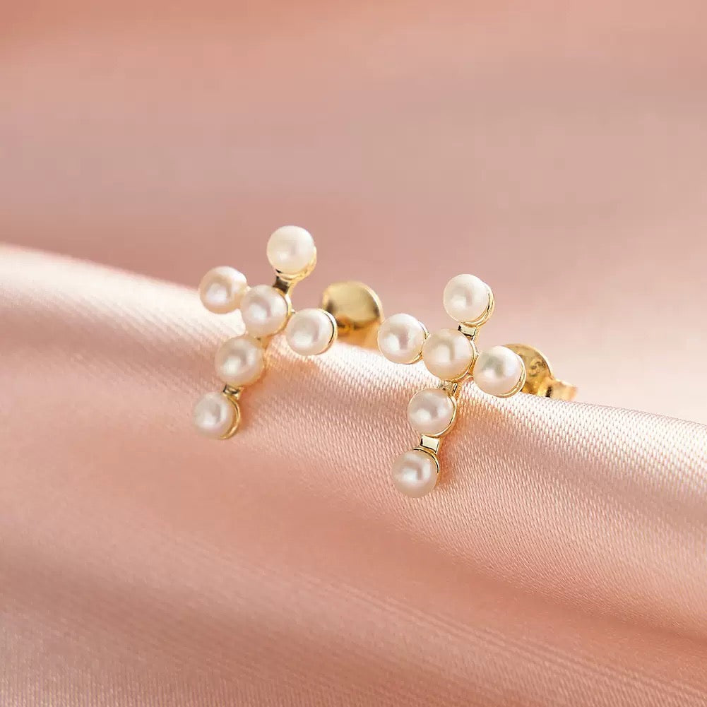 Sacred Light –  Freshwater Pearl & Vermeil Cross Stud Earrings