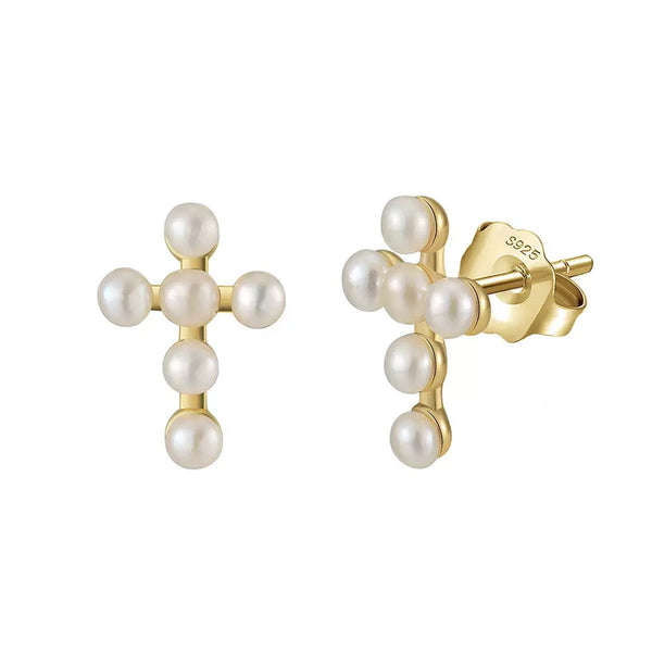 Sacred Light –  Freshwater Pearl & Vermeil Cross Stud Earrings