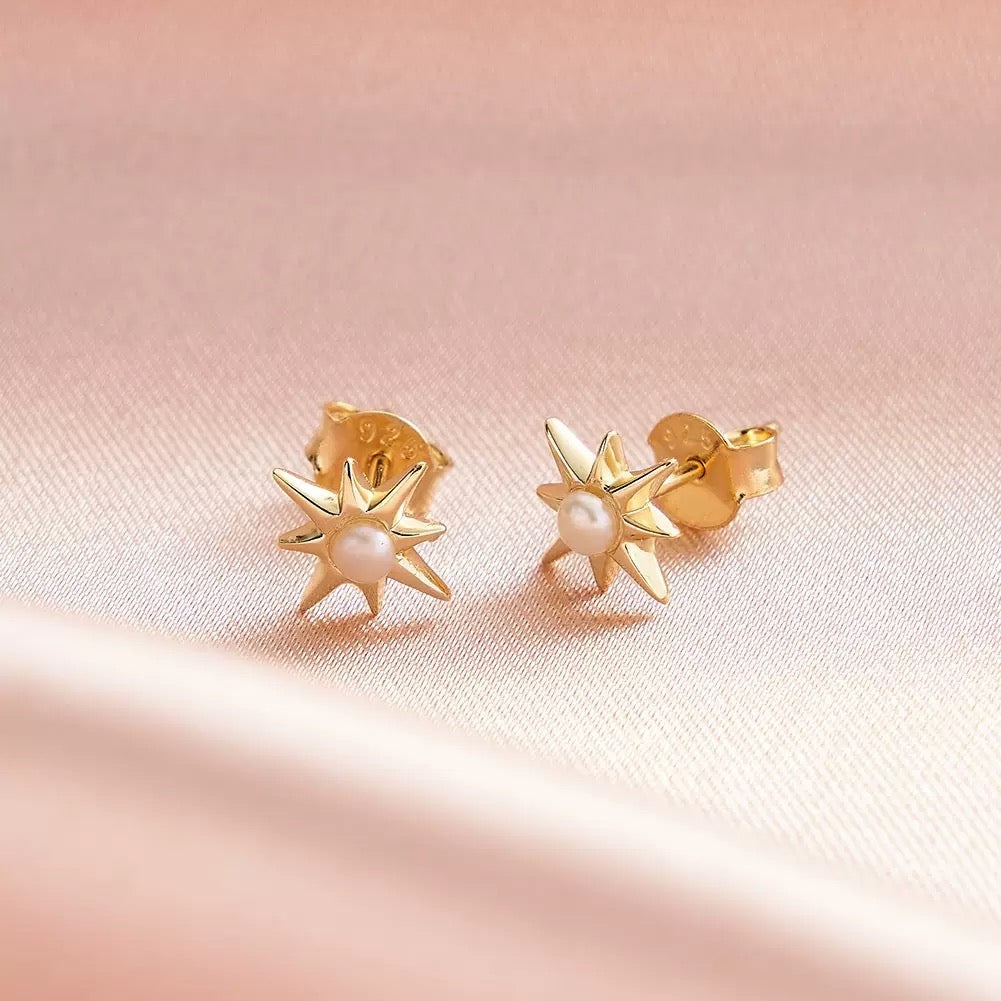 Starlight Spark – Petite Pearl & Vermeil North Star Stud Earrings