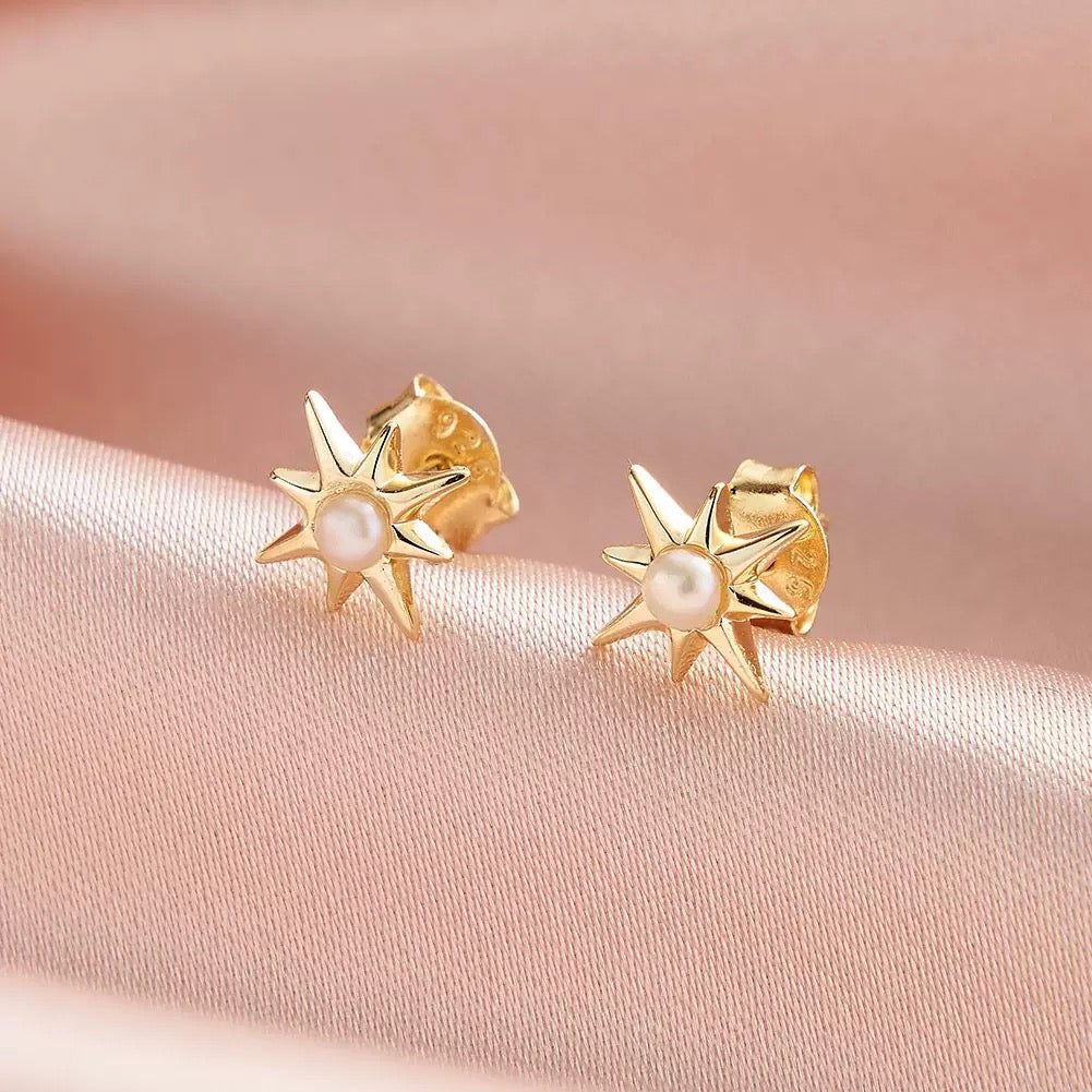 Starlight Spark – Petite Pearl & Vermeil North Star Stud Earrings