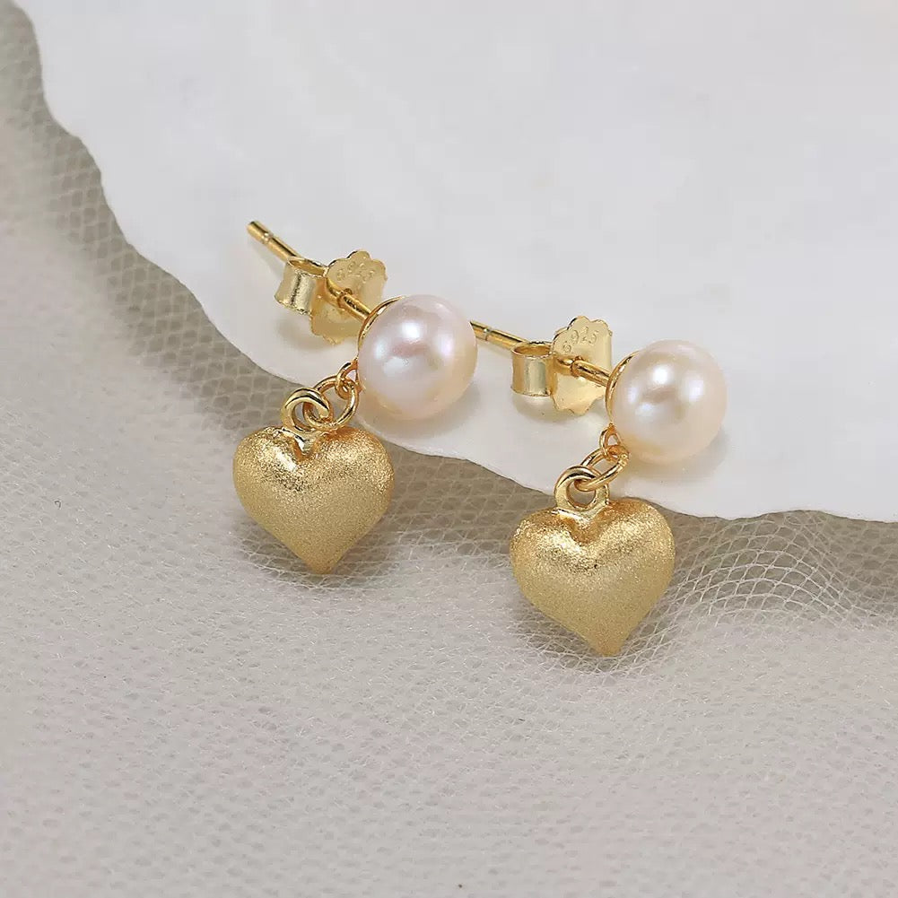 Golden Heart – Freshwater Pearl & Vermeil Charm Stud Earrings