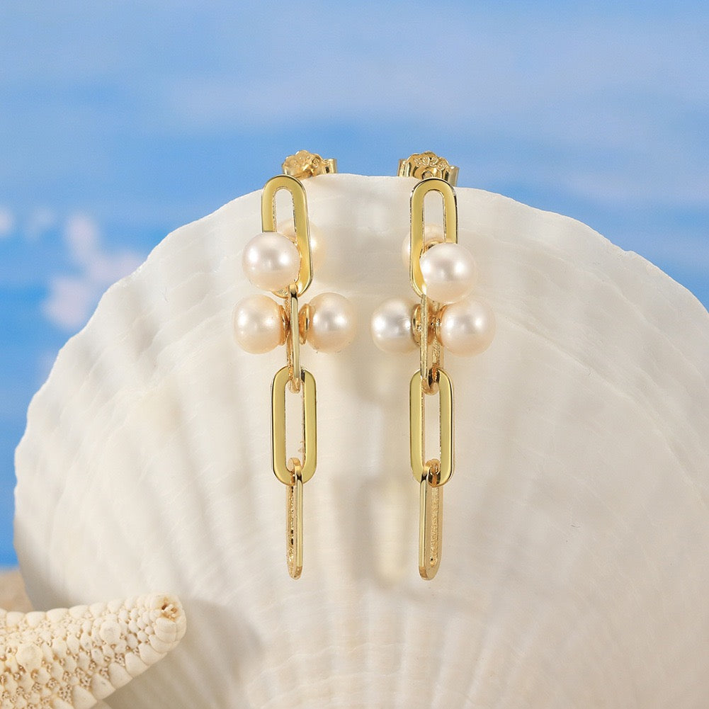 Linked Grace – Freshwater Pearl & Vermeil Chain Drop Earrings