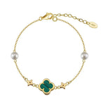 Lucky Clover Pearl Bracelet, Four Leaf Clover Charm Bracelet, Dainty Pearl Jewelry Gift