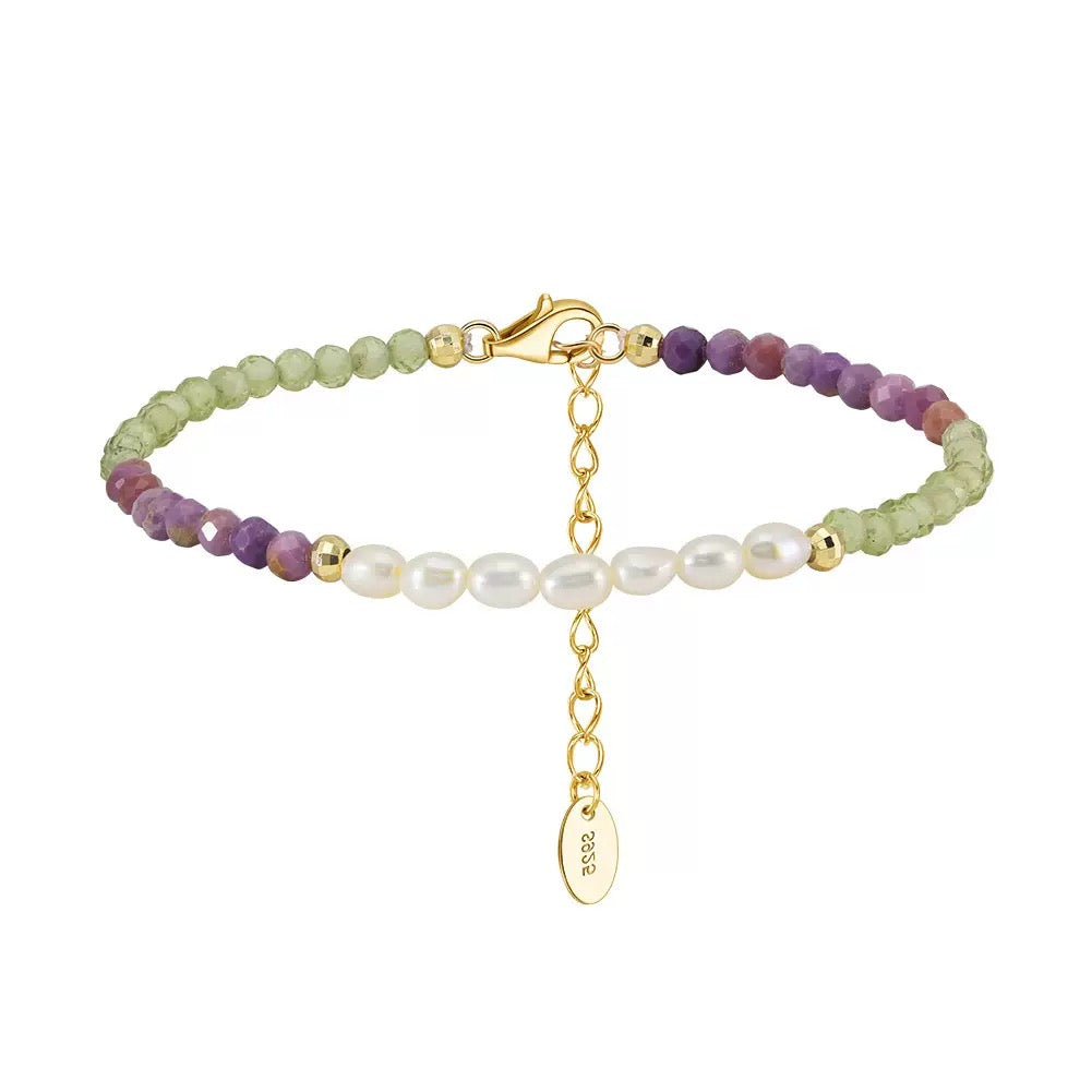 Celestial Trio – Freshwater Pearl, Lepidolite & Peridot Vermeil Bracelet | Energy Stone Series
