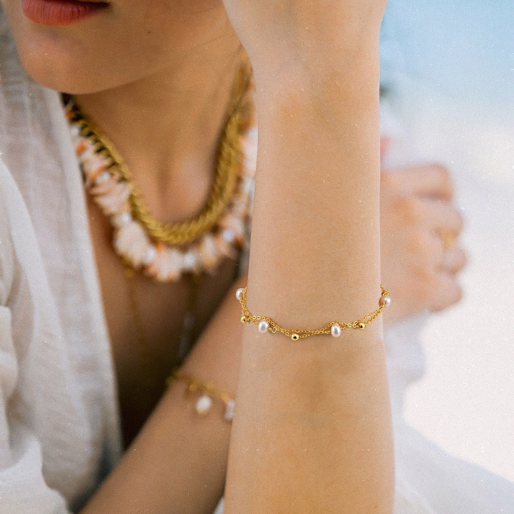 Dewlight Chain – Freshwater Pearl Double-Layer Vermeil Bracelet