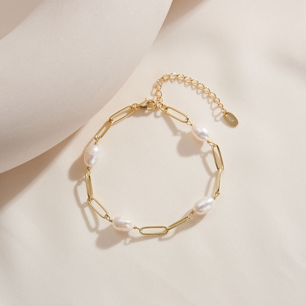 Linear Pearl – Freshwater Pearl & Gold Link Vermeil Bracelet