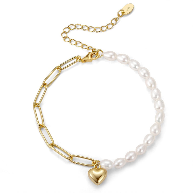 Heartbound – Freshwater Pearl & Gold Link Bracelet with Charm