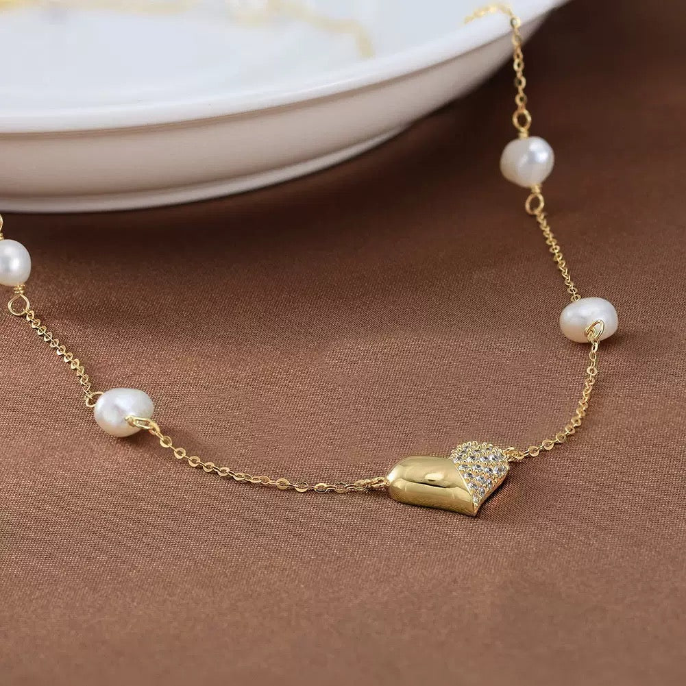 Sweet Radiance – Pearl & CZ Heart Pendant Necklace