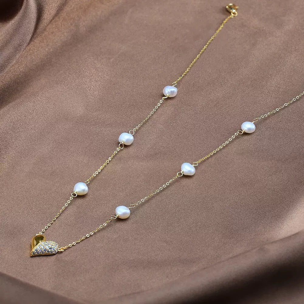 Sweet Radiance – Pearl & CZ Heart Pendant Necklace