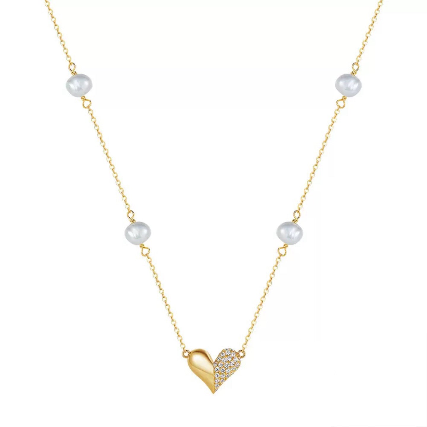 Sweet Radiance – Pearl & CZ Heart Pendant Necklace