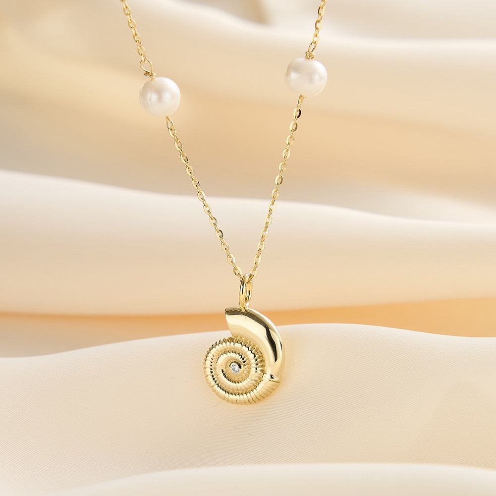 Ocean Coil – Pearl & Nautilus Pendant Necklace