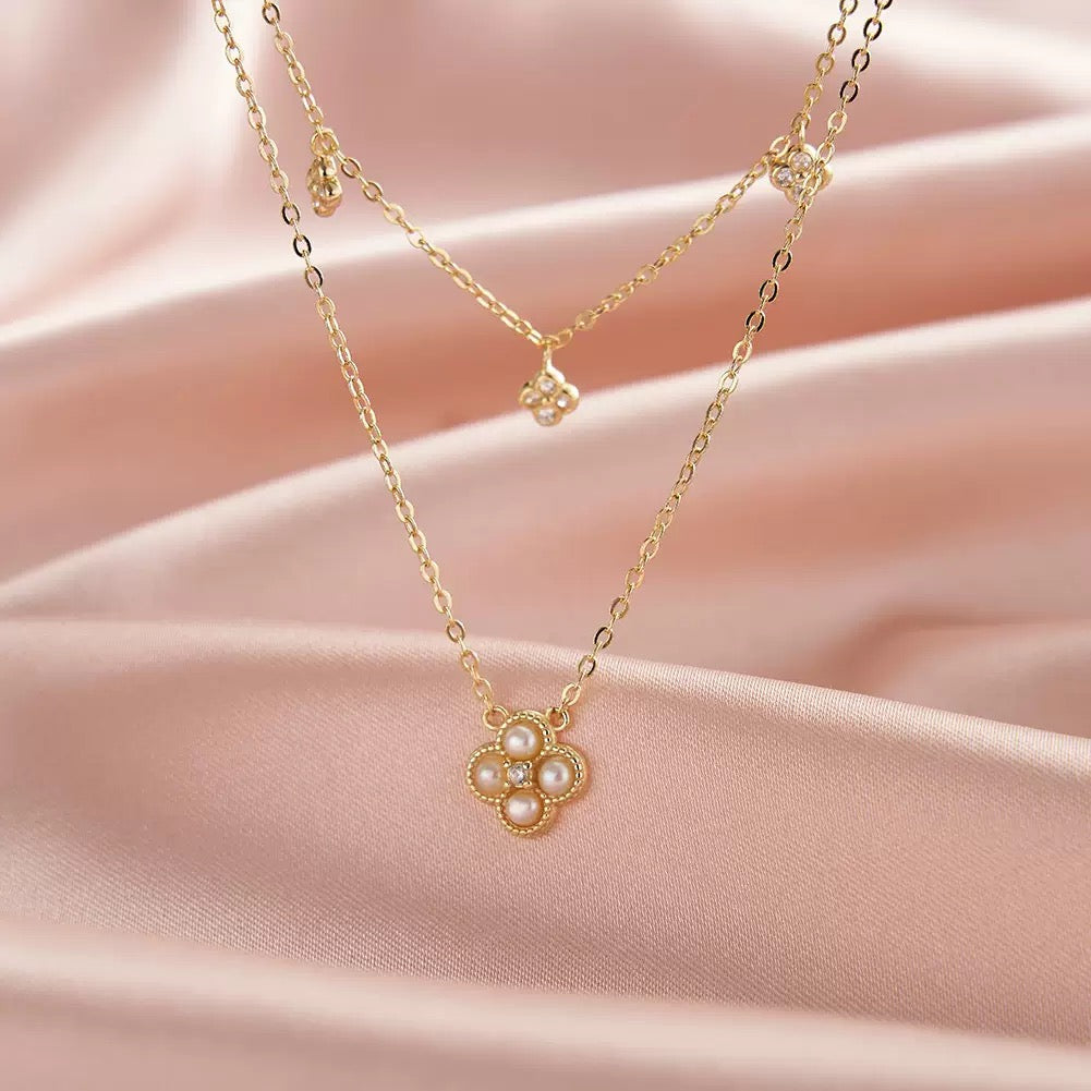 Blossom Layer – Pearl & CZ Double Chain Necklace